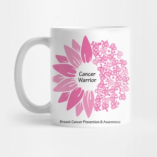 Breast cancer warrior with flower, hearts, ribbons & black type Mug